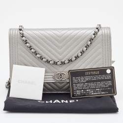 Chanel Silver Chevron Caviar Leather Boy Classic Wallet on Chain