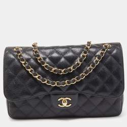 Pre Owned Chanel Black Quilted Caviar Leather Jumbo Classic Double Flap Bag