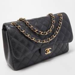 Pre Owned Chanel Black Quilted Caviar Leather Jumbo Classic Double Flap Bag