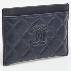 Pre Owned Chanel Navy Blue Quilted Leather CC Diamond Card Holder 