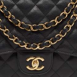 Pre Owned Chanel Black Quilted Caviar Leather Jumbo Classic Single Flap Bag
