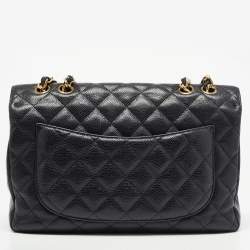 Pre Owned Chanel Black Quilted Caviar Leather Jumbo Classic Single Flap Bag
