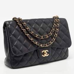 Pre Owned Chanel Black Quilted Caviar Leather Jumbo Classic Single Flap Bag