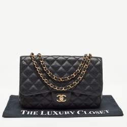 Pre Owned Chanel Black Quilted Caviar Leather Jumbo Classic Single Flap Bag