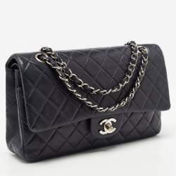 Pre Owned Chanel Dark Blue Leather Medium Classic Double Flap Bag 