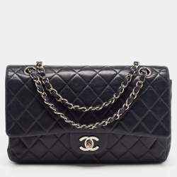 Pre Owned Chanel Dark Blue Leather Medium Classic Double Flap Bag 