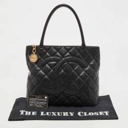 Pre Owned Chanel Black Quilted Caviar Leather Medallion Tote