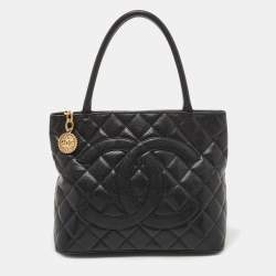 Pre Owned Chanel Black Quilted Caviar Leather Medallion Tote