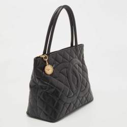 Pre Owned Chanel Black Quilted Caviar Leather Medallion Tote