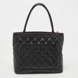 Pre Owned Chanel Black Quilted Caviar Leather Medallion Tote