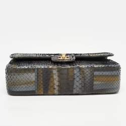 Pre Owned Chanel Tricolor Python Medium Classic Double Flap Bag 