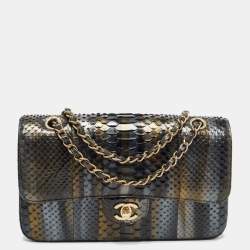 Pre Owned Chanel Tricolor Python Medium Classic Double Flap Bag 