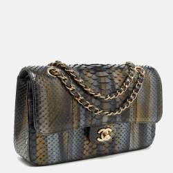 Pre Owned Chanel Tricolor Python Medium Classic Double Flap Bag 