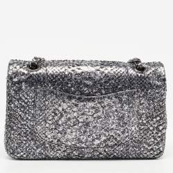 Pre Owned Chanel Silver/Black Python Medium Classic Double Flap Bag