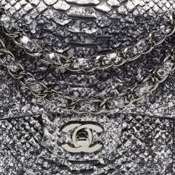 Pre Owned Chanel Silver/Black Python Medium Classic Double Flap Bag