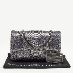 Pre Owned Chanel Silver/Black Python Medium Classic Double Flap Bag