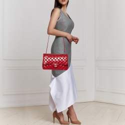 Pre Owned Chanel Red Quilted Patent Leather Jumbo Classic Double Flap Bag