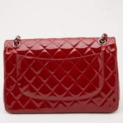 Pre Owned Chanel Red Quilted Patent Leather Jumbo Classic Double Flap Bag