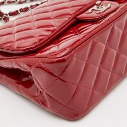 Pre Owned Chanel Red Quilted Patent Leather Jumbo Classic Double Flap Bag