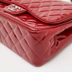Pre Owned Chanel Red Quilted Patent Leather Jumbo Classic Double Flap Bag