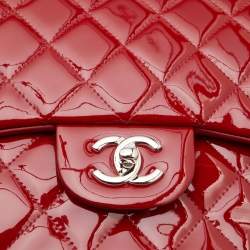 Pre Owned Chanel Red Quilted Patent Leather Jumbo Classic Double Flap Bag