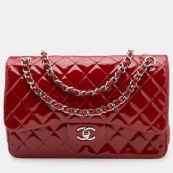 Pre Owned Chanel Red Quilted Patent Leather Jumbo Classic Double Flap Bag