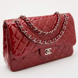 Pre Owned Chanel Red Quilted Patent Leather Jumbo Classic Double Flap Bag