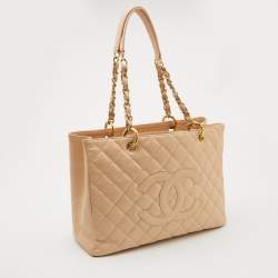 Pre Owned Chanel Beige Quilted Caviar Leather Grand Shopping Tote