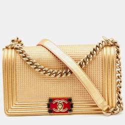 Pre Owned Chanel Gold Cube Embossed Leather Medium Boy Flap Bag