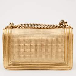 Pre Owned Chanel Gold Cube Embossed Leather Medium Boy Flap Bag