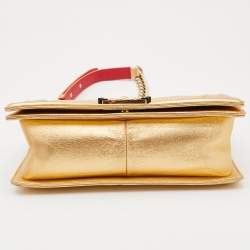 Pre Owned Chanel Gold Cube Embossed Leather Medium Boy Flap Bag