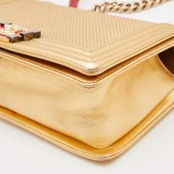 Pre Owned Chanel Gold Cube Embossed Leather Medium Boy Flap Bag