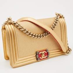 Pre Owned Chanel Gold Cube Embossed Leather Medium Boy Flap Bag