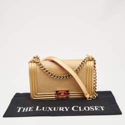 Pre Owned Chanel Gold Cube Embossed Leather Medium Boy Flap Bag