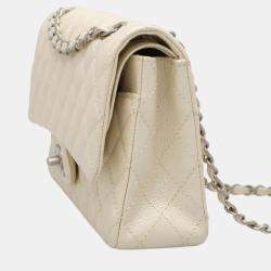 Pre Owned Chanel White Leather Classic Medium Double Flap Shoulder Bag