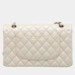 Pre Owned Chanel White Leather Classic Medium Double Flap Shoulder Bag