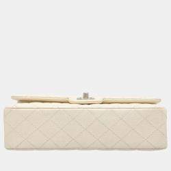 Pre Owned Chanel White Leather Classic Medium Double Flap Shoulder Bag