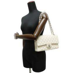 Pre Owned Chanel White Leather Classic Medium Double Flap Shoulder Bag