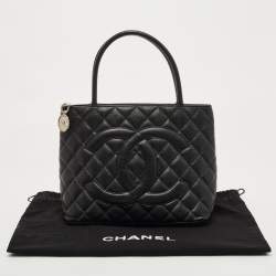 Pre Owned Chanel Black Quilted Caviar Leather Medallion Tote