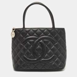 Pre Owned Chanel Black Quilted Caviar Leather Medallion Tote