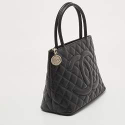 Pre Owned Chanel Black Quilted Caviar Leather Medallion Tote