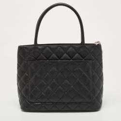Pre Owned Chanel Black Quilted Caviar Leather Medallion Tote
