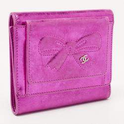 Chanel Metallic Pink Leather Ribbon Embossed Trifold Wallet