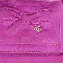 Chanel Metallic Pink Leather Ribbon Embossed Trifold Wallet