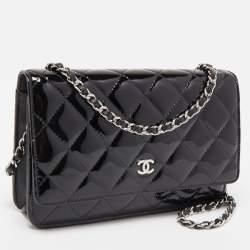 Chanel Black Quilted Patent Leather Classic Wallet on Chain