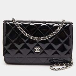 Chanel Black Quilted Patent Leather Classic Wallet on Chain