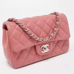 Pre Owned Chanel Pink Quilted Lambskin Leather New Mini Classic Flap Bag
