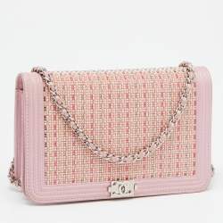 Pre Owned Chanel Light Pink Leather Crystals Embellished Boy Wallet On Chain