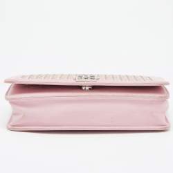 Pre Owned Chanel Light Pink Leather Crystals Embellished Boy Wallet On Chain