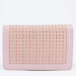 Pre Owned Chanel Light Pink Leather Crystals Embellished Boy Wallet On Chain